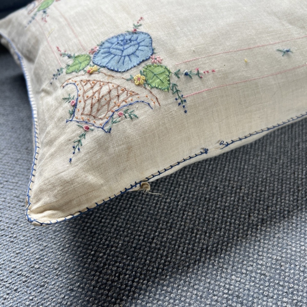 Vintage Handmade Needlepoint Multicolor Pillow, Flowers, Size 9" x 15" Down Fill - Picture 3 of 16